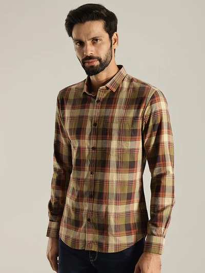 Indian Terrain Men's Slim Fit Full Sleeve Checkered Green Shirt